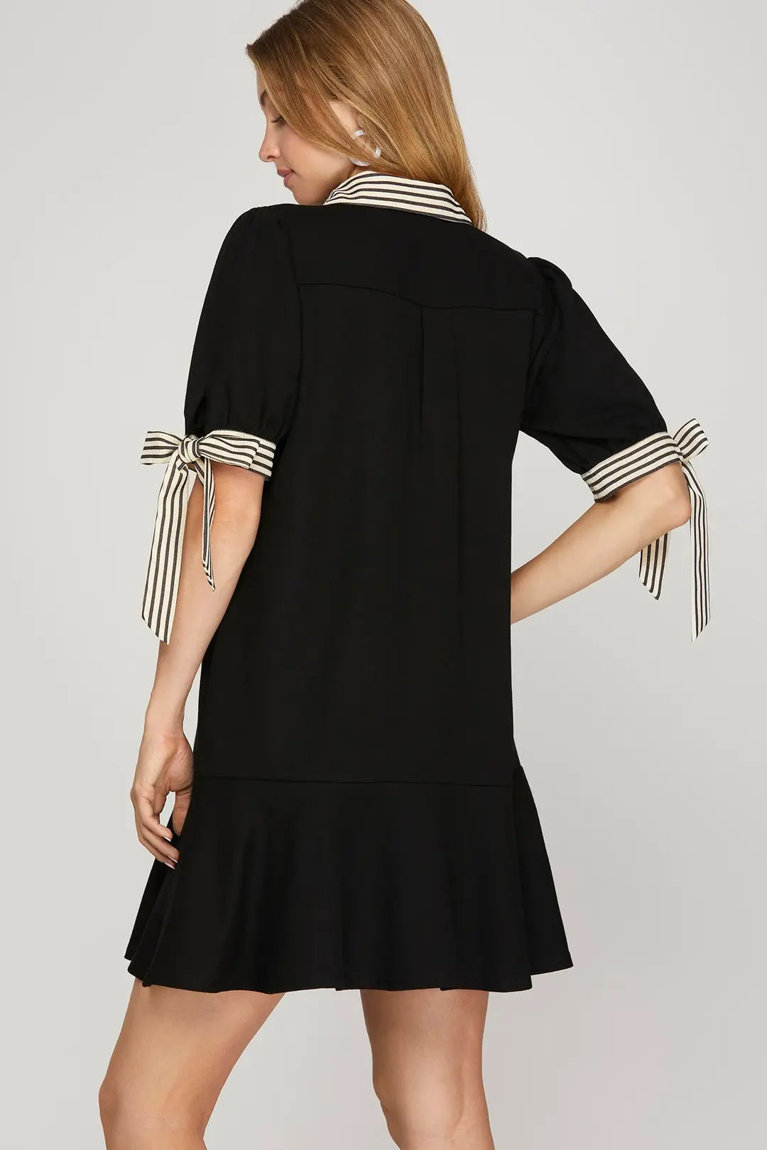 Mini Dress with Striped Tied Sleeves & Collar