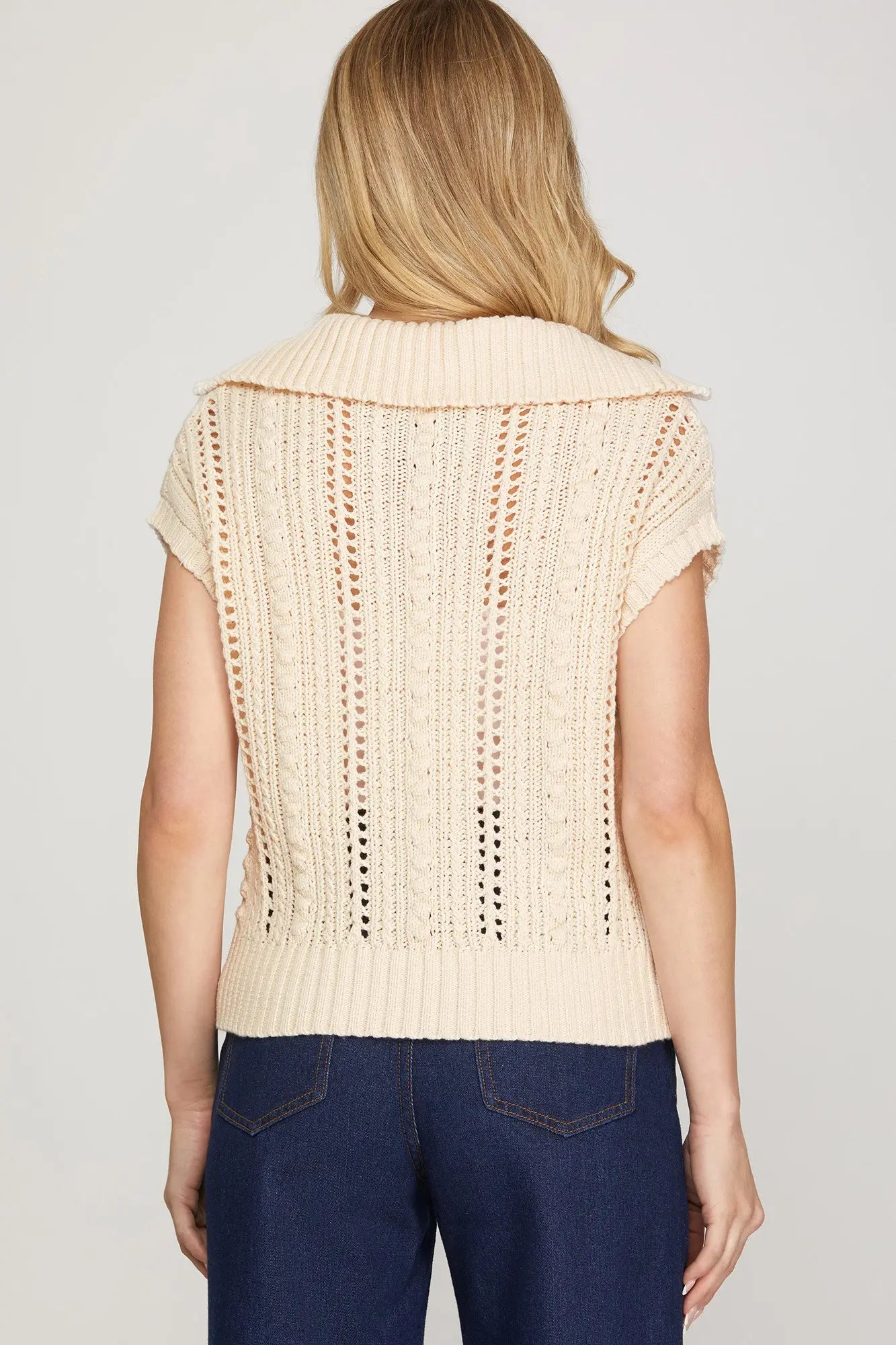 Cap Sleeve Collard Pointelle Sweater