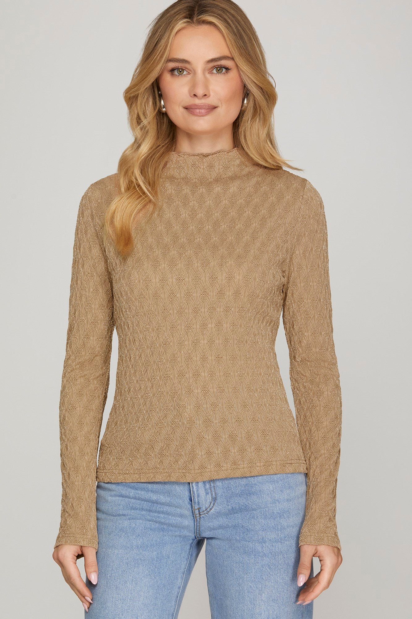 Taupe Mock Neck Shine Top