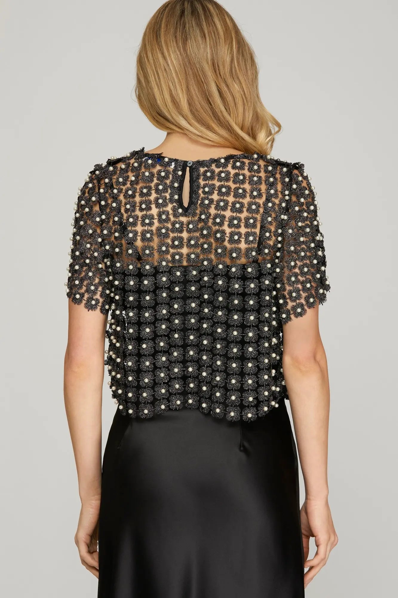Black Lurex Crochet Lace & Pearl Top