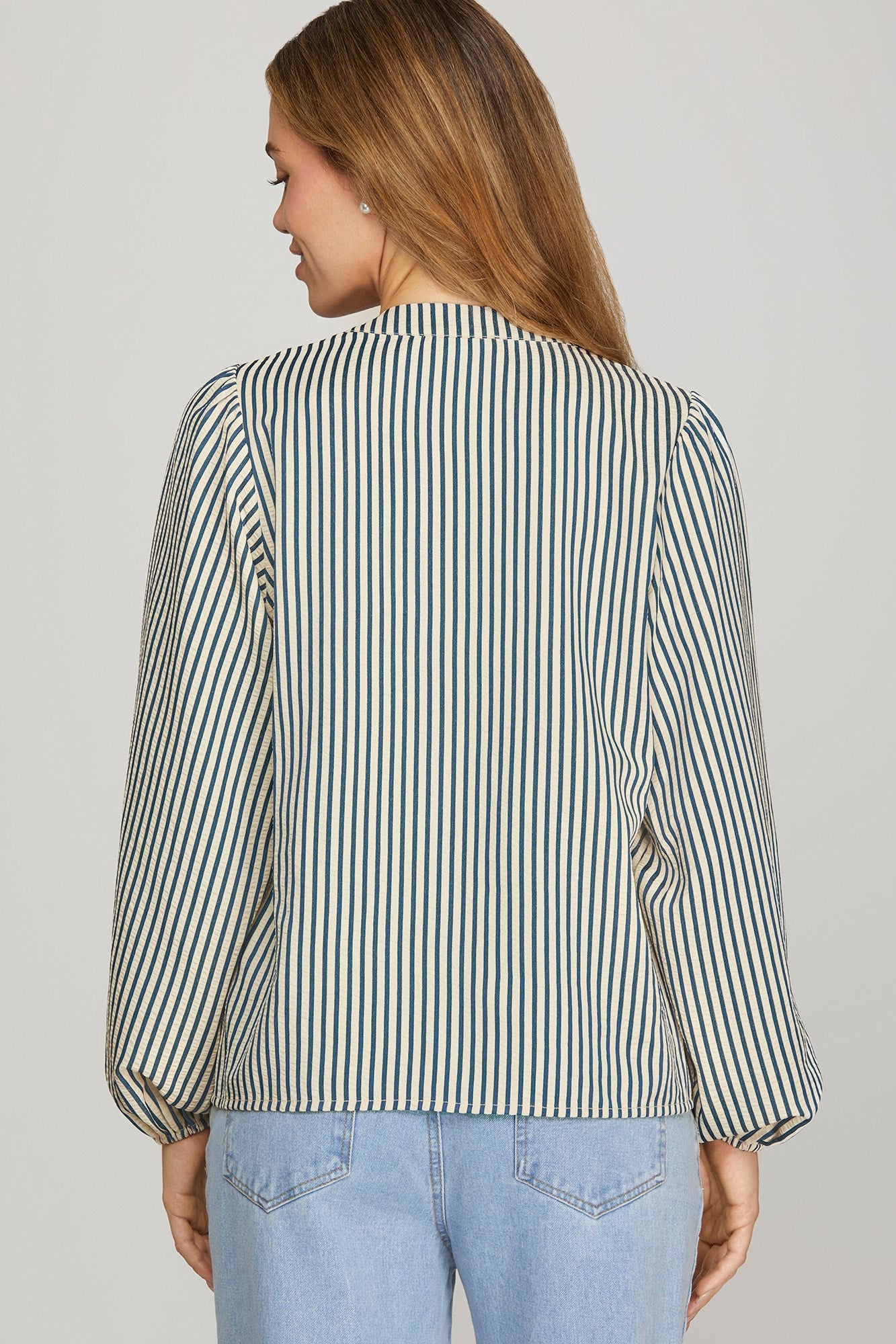 Teal Striped Pintucked Woven Top