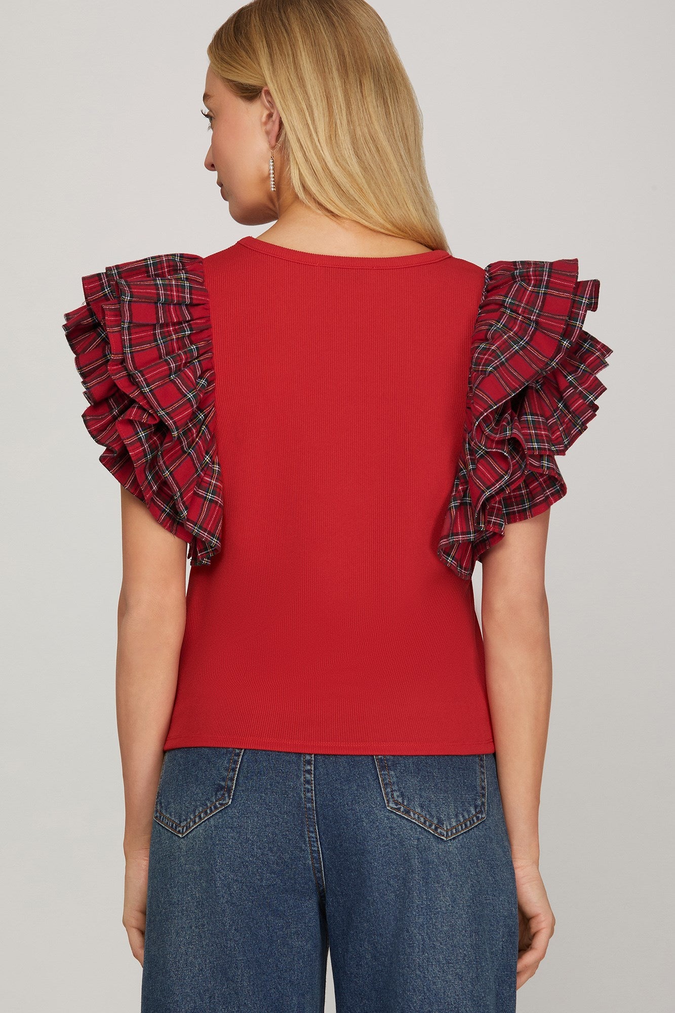 Plaid Ruffled Sleeve Knit Top