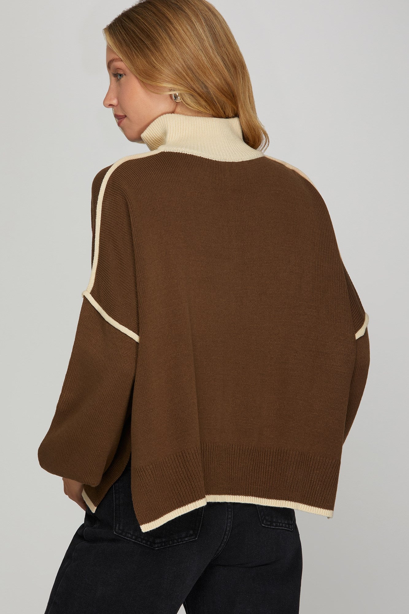 Brown Half Zip Contrasting Detail Sweater