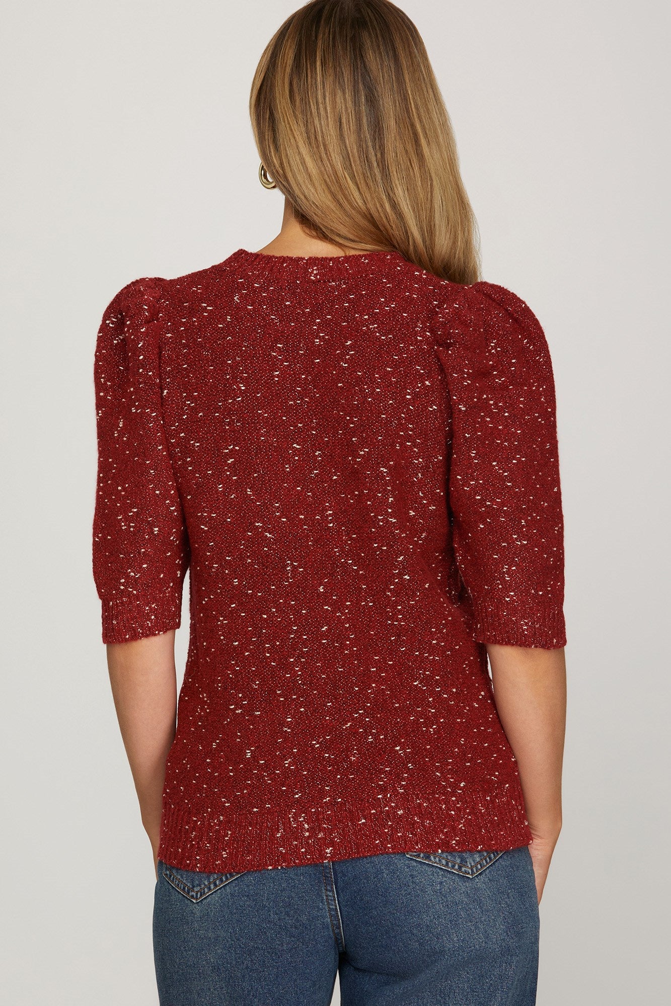 Short Sleeve Wine & Metallic Sweater