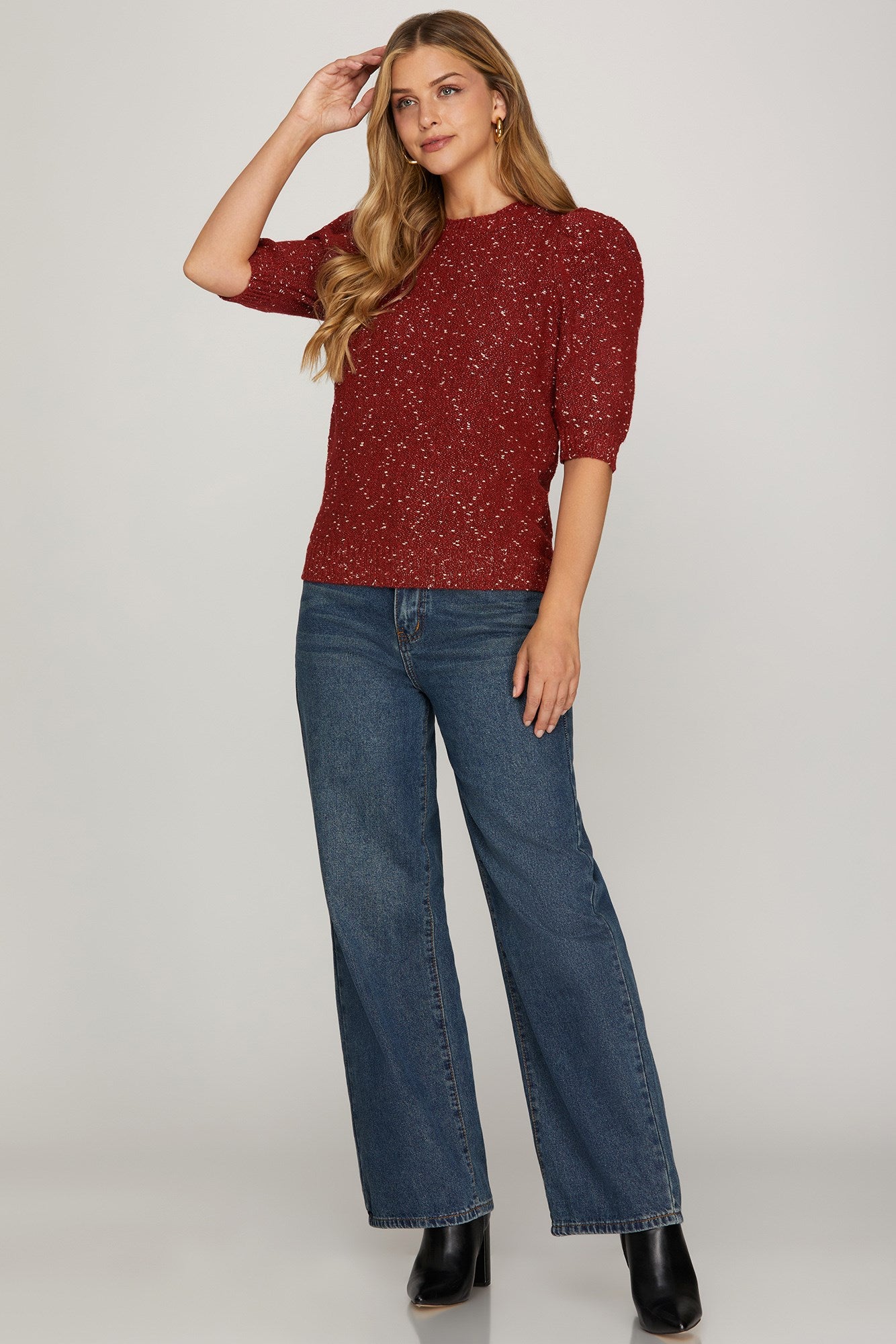 Short Sleeve Wine & Metallic Sweater