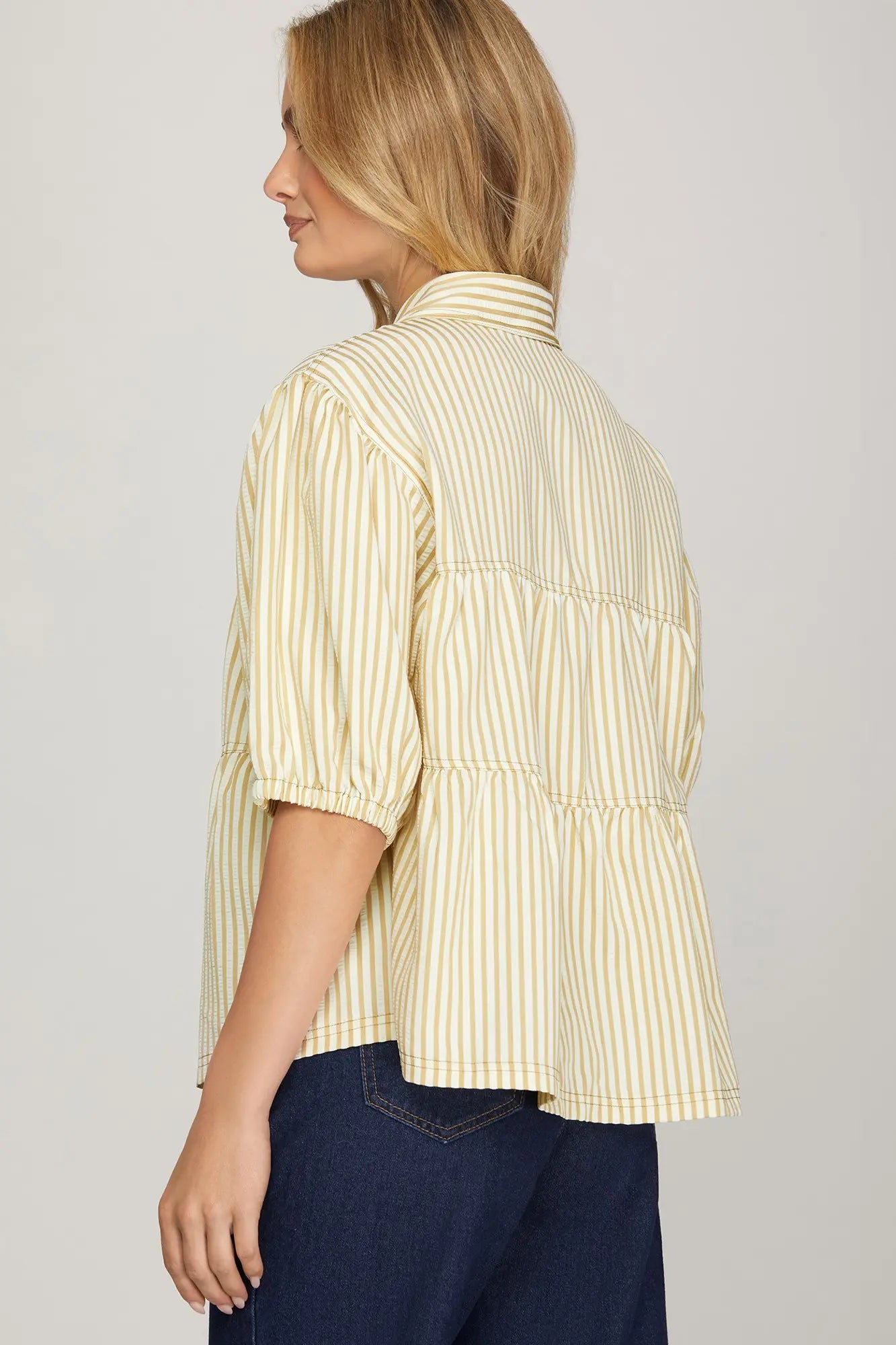 Taupe Striped Half Sleeve Button Down Top