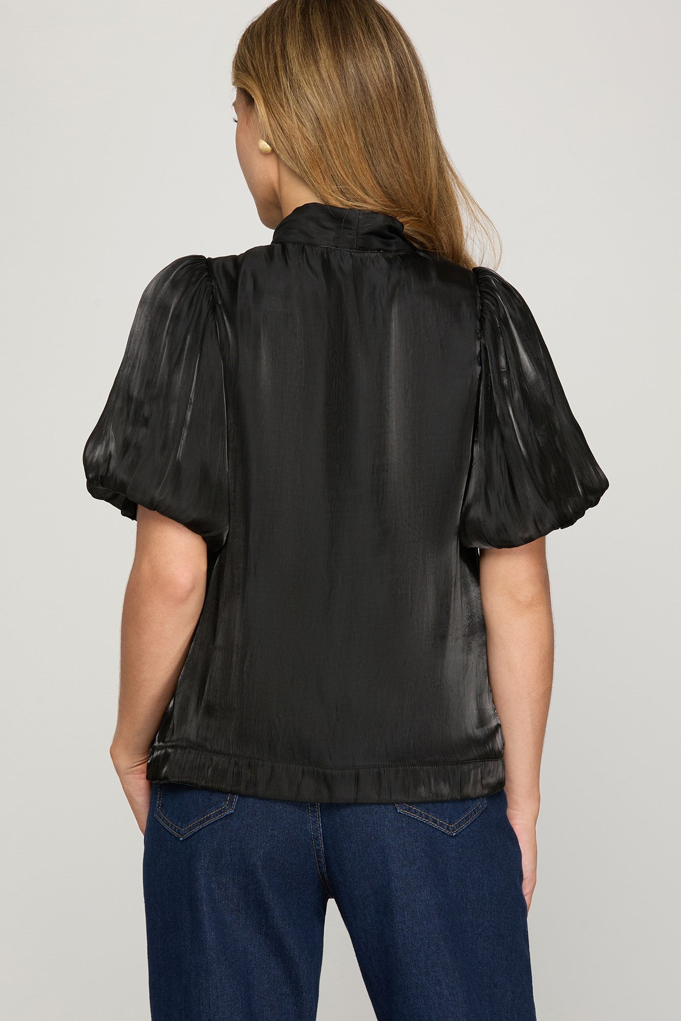 Black Woven Puff Sleeve Top with Bow