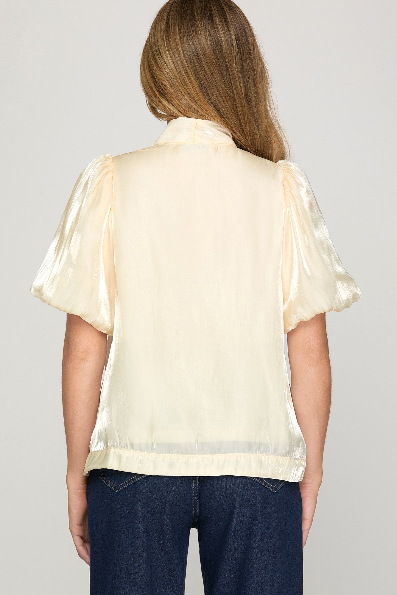 Cream Woven Puff Sleeve Top with Bow