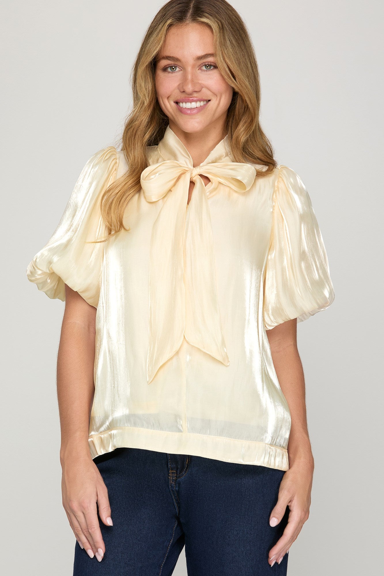 Cream Woven Puff Sleeve Top with Bow