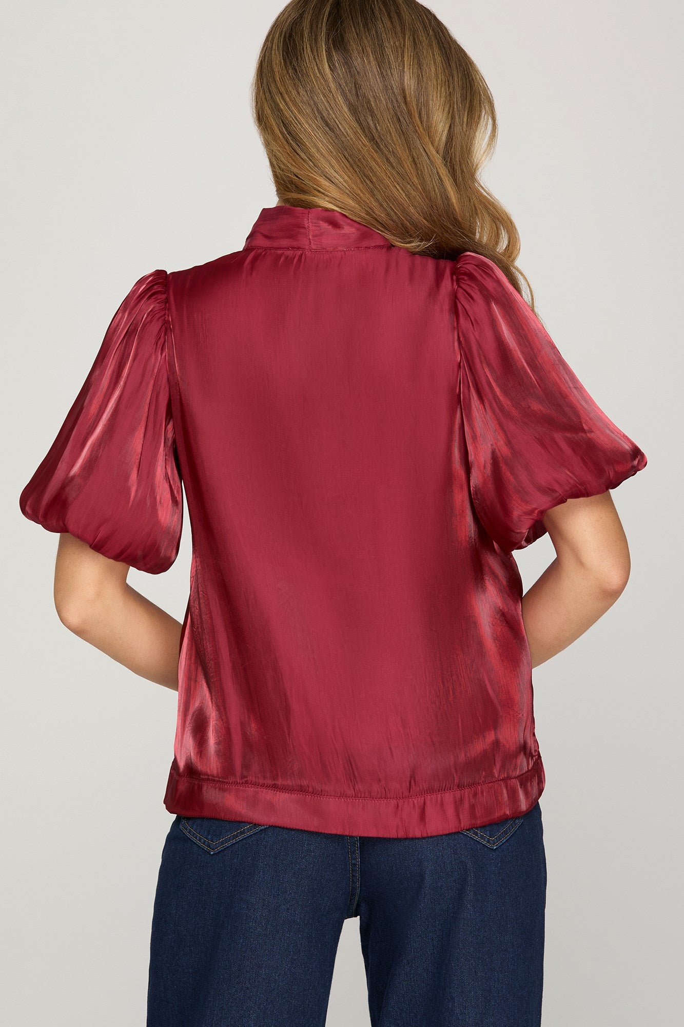 Red Woven Puff Sleeve Top with Bow