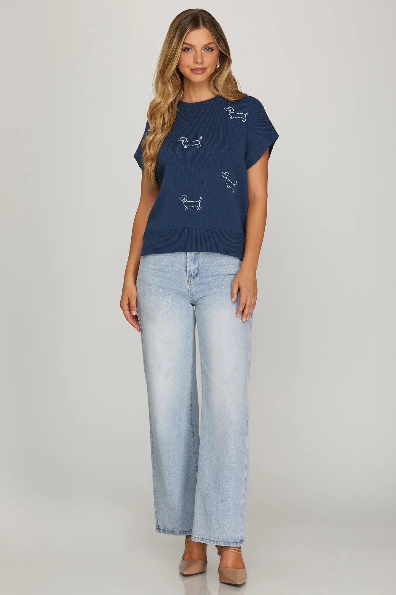 Navy Dog Embroidered Sleeveless Sweater