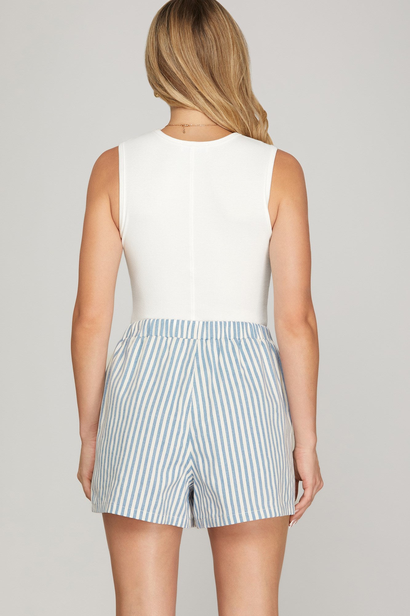 Light Blue Woven Striped Elastic Band Shorts