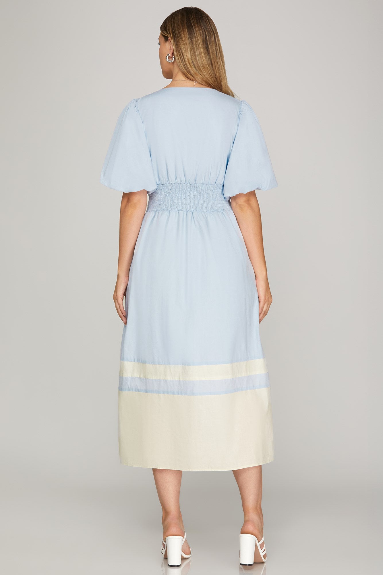 Light Blue Bubble Sleeve Color Block Dress