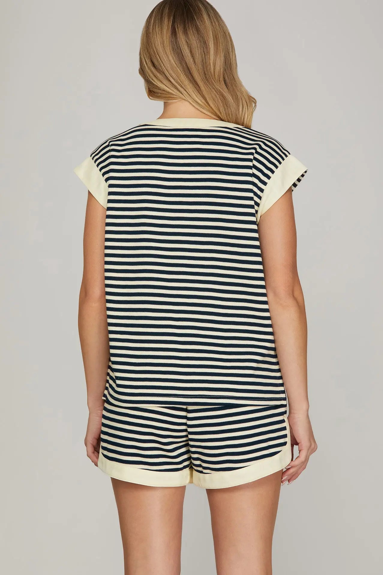 Navy Striped Drop Shoulder Top & Shorts Set