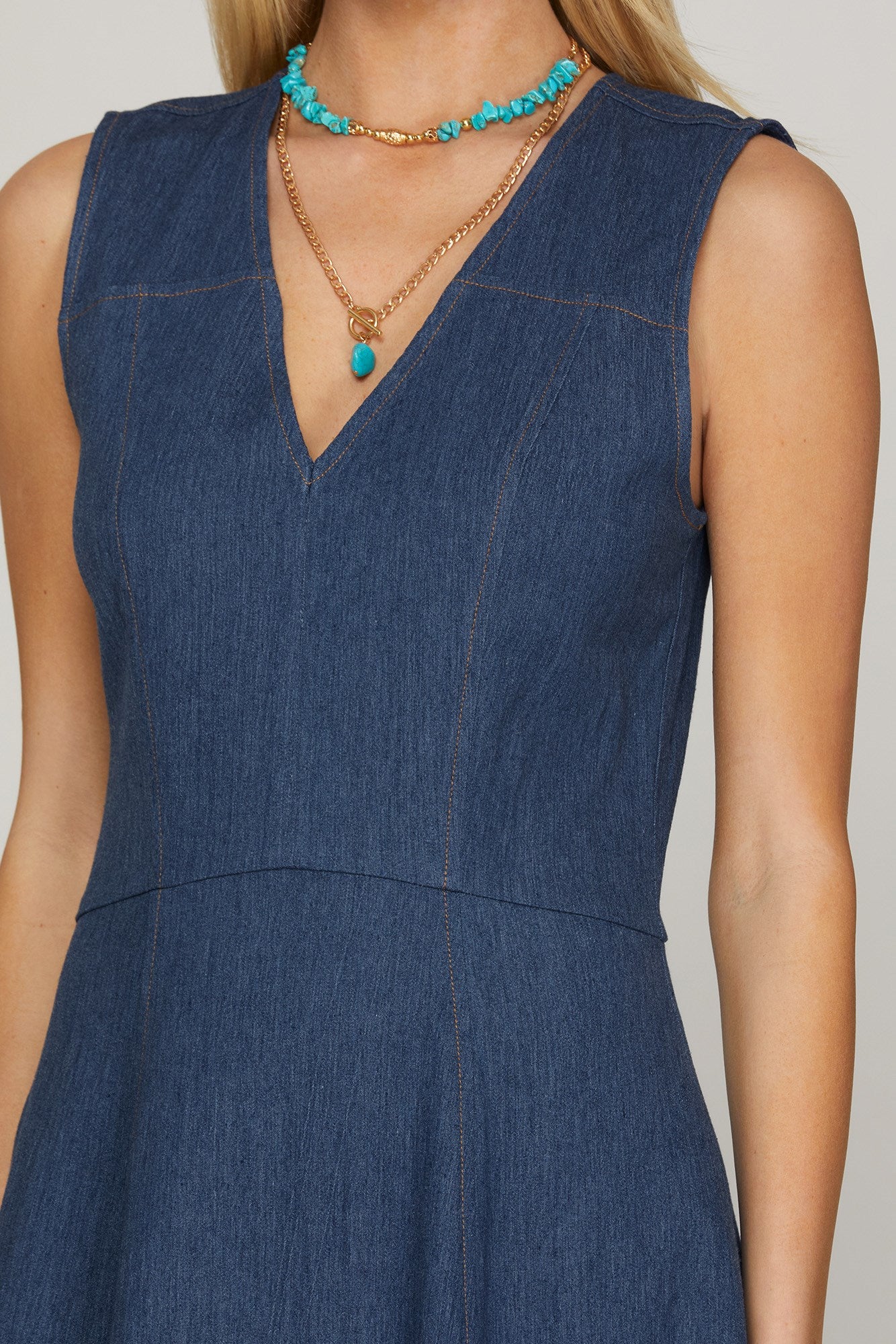 Sleeveless Denim V-Neck Midi Dress