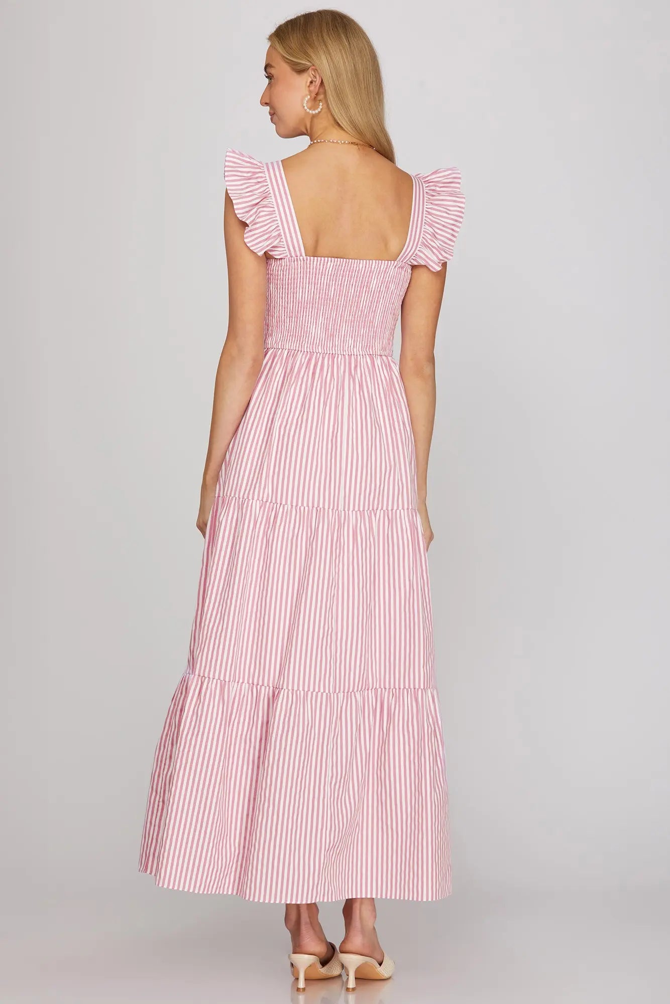 Pink Striped Ruffled Sleeve Tiered Maxi Dress
