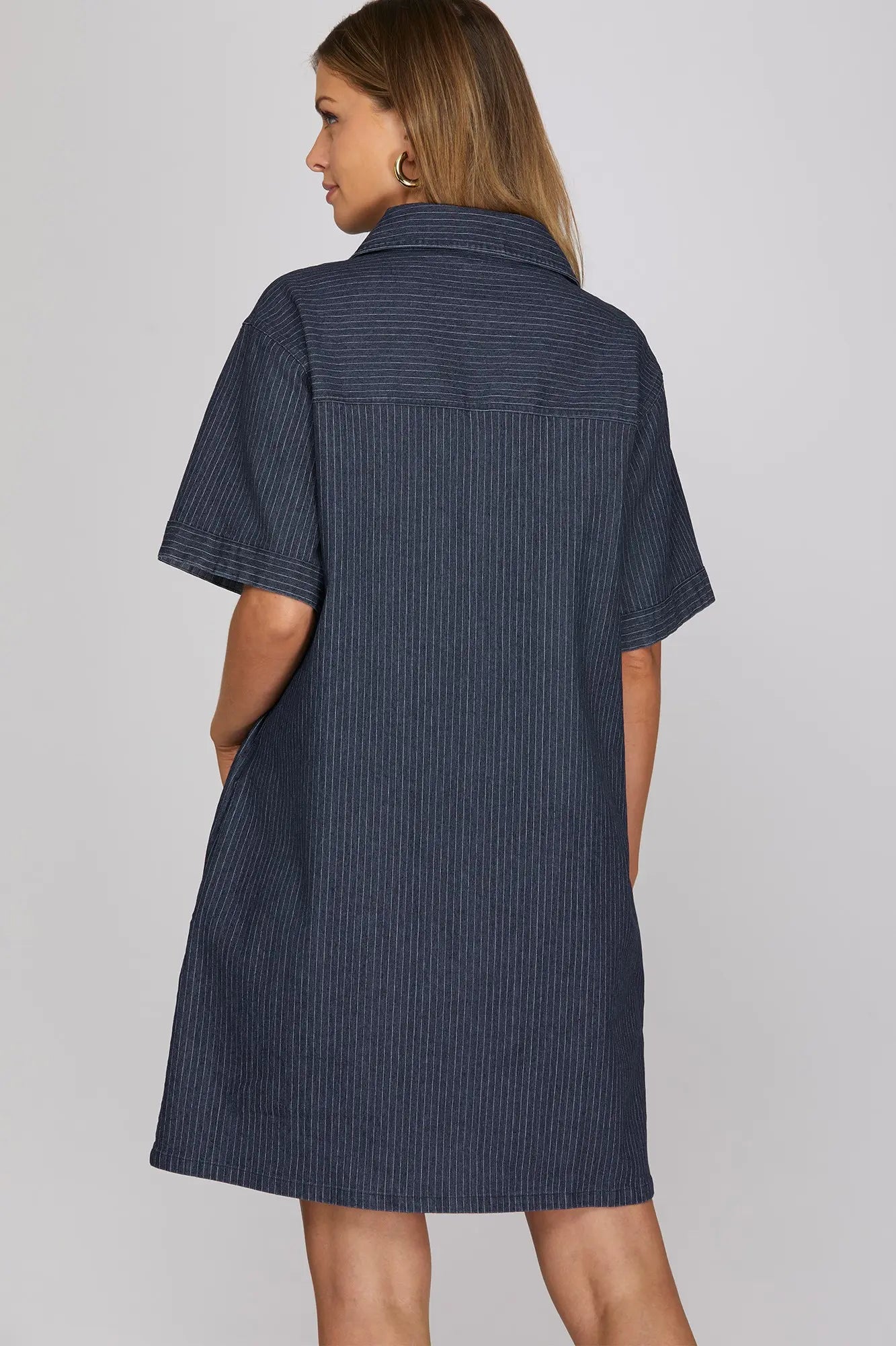 Pinstriped Dark Denim Button Down Collared Mini Dress