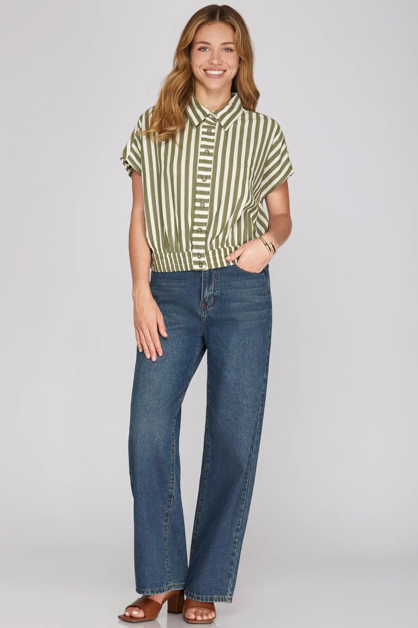 Olive Striped Woven Button Down Crop Top