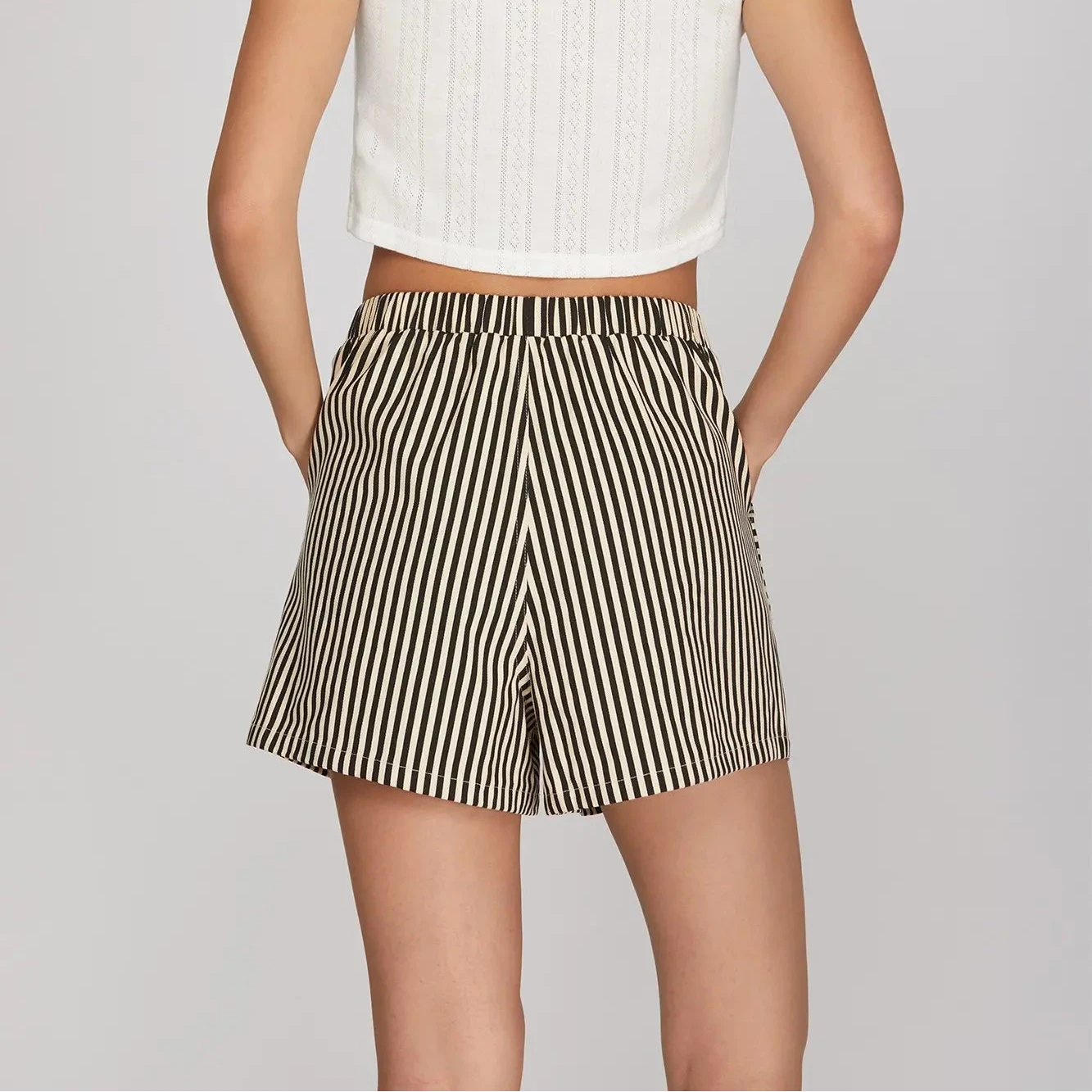 Black Woven Striped Elastic Band Shorts