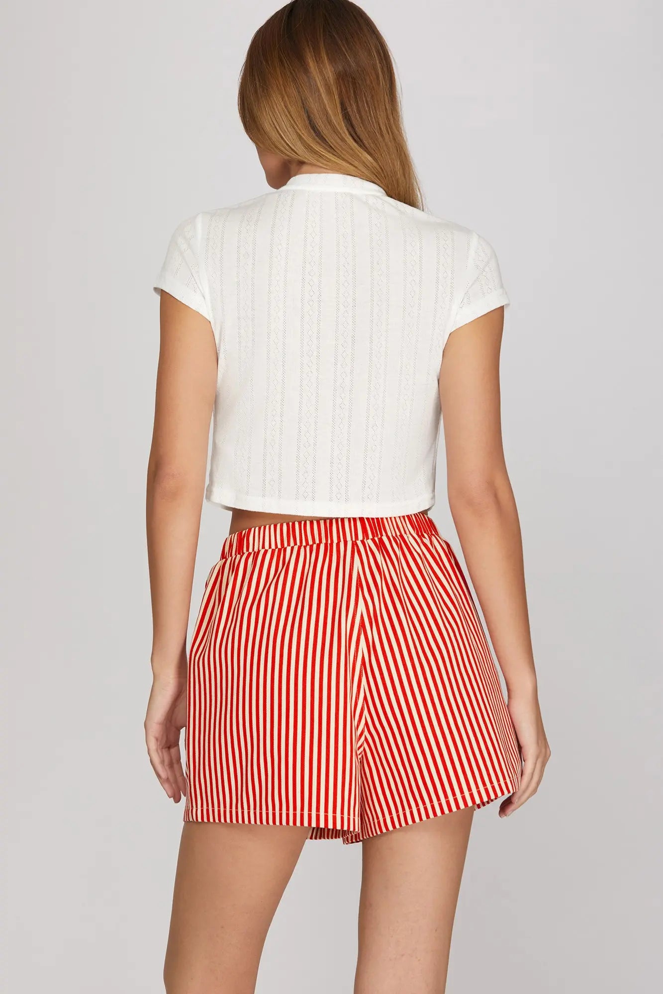 Red Woven Striped Elastic Band Shorts
