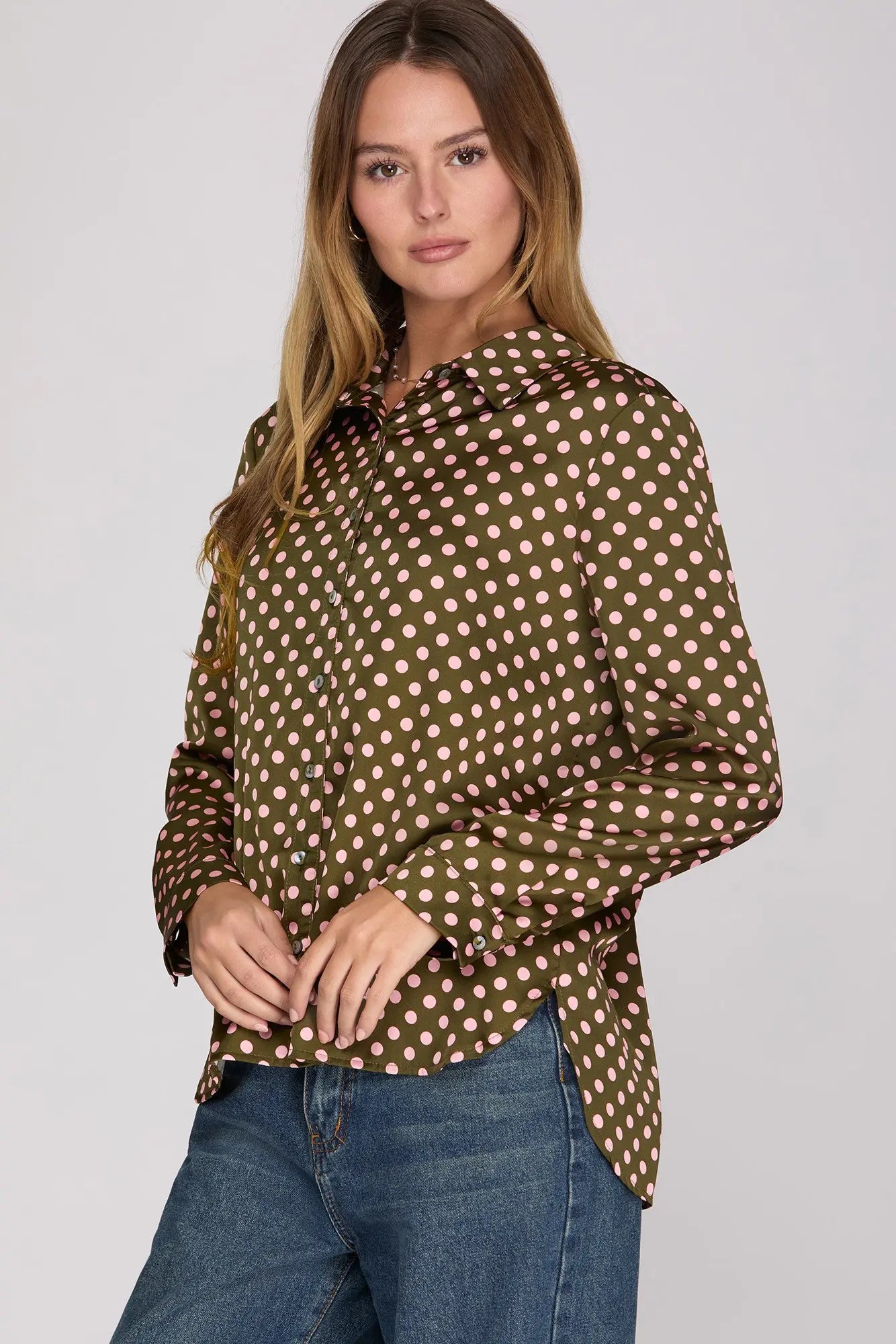 Olive & Pink Polka Dot Satin Top