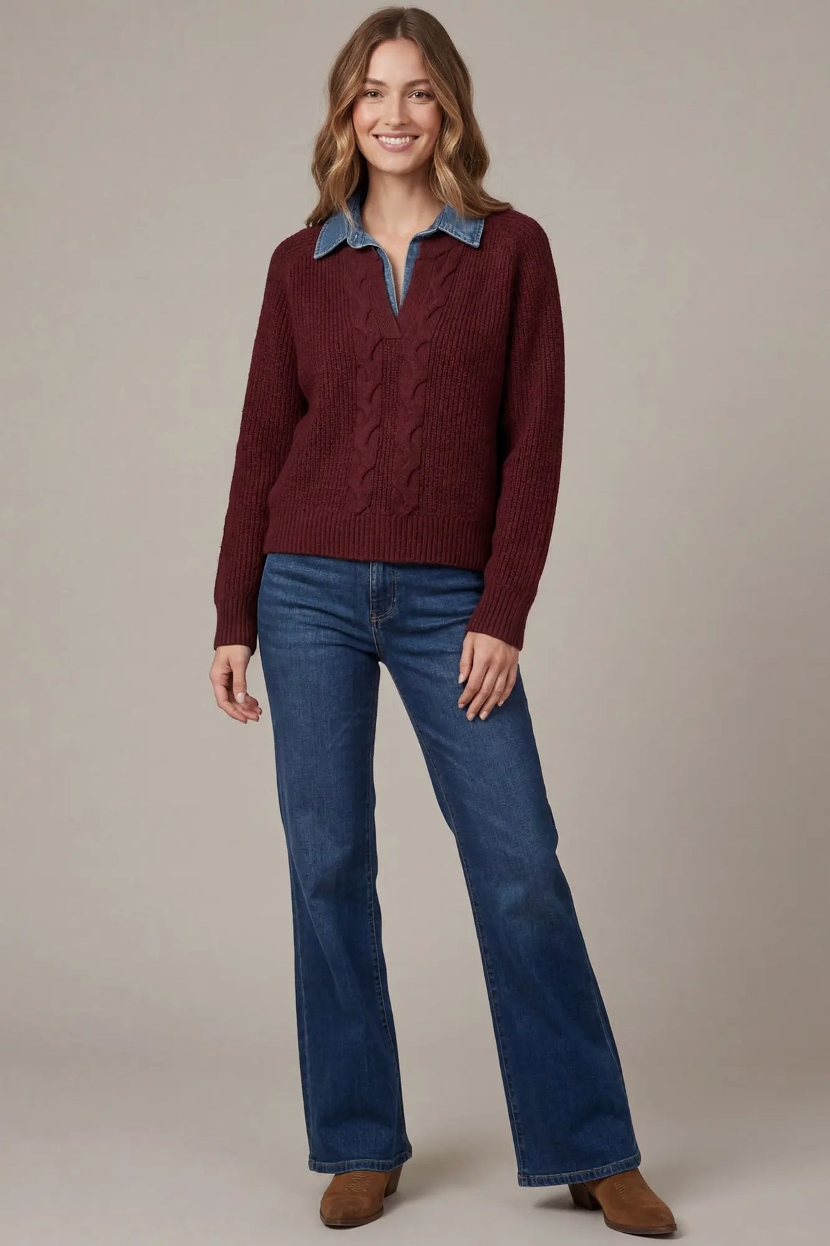 Denim Collar & Wine Sweater