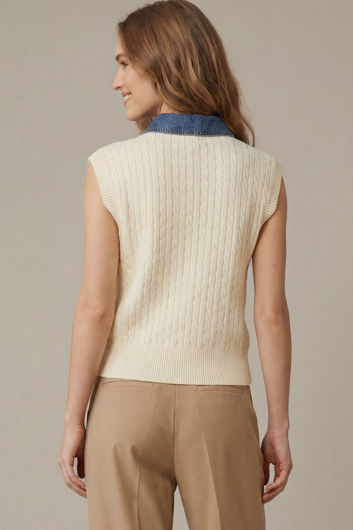 Sleeveless Denim Collar Cable Sweater