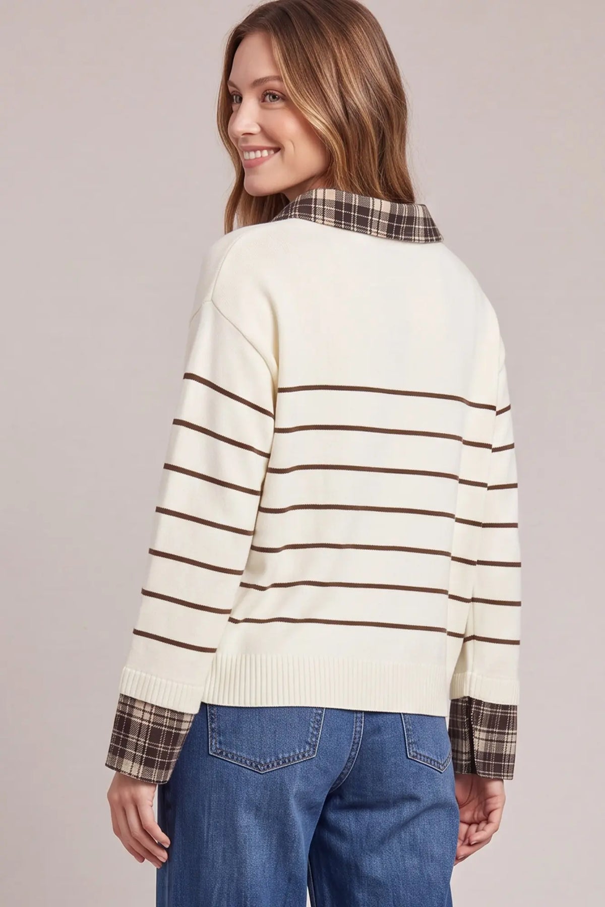 Plaid Collar & Striped Sweater Top