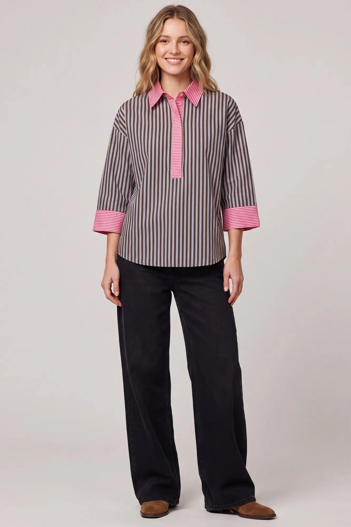 Brown 3/4 Sleeve Striped Top