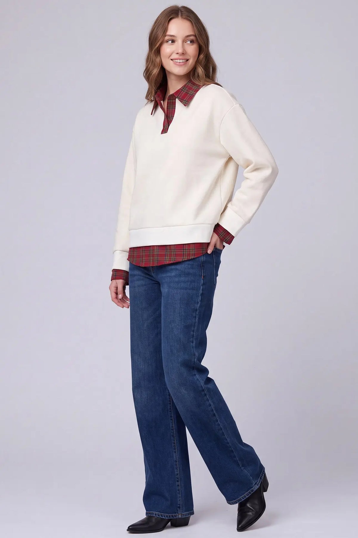 Cream & Red Plaid Layered Look Top