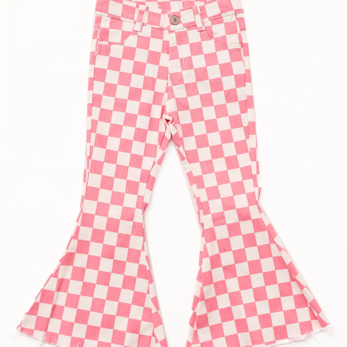 Girls Pink Checkered Flare Jeans