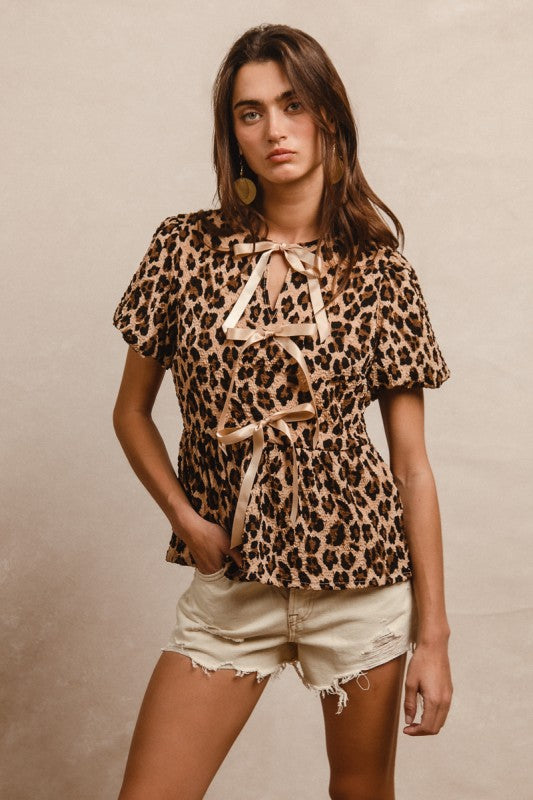 Leopard Puff Sleeve Pepulum Top