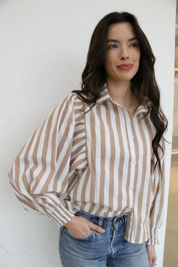 Tan Striped Puff Sleeve Button Up Top