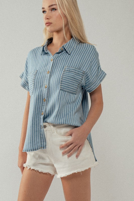 Blue Pinstripe Button Up Summer Top