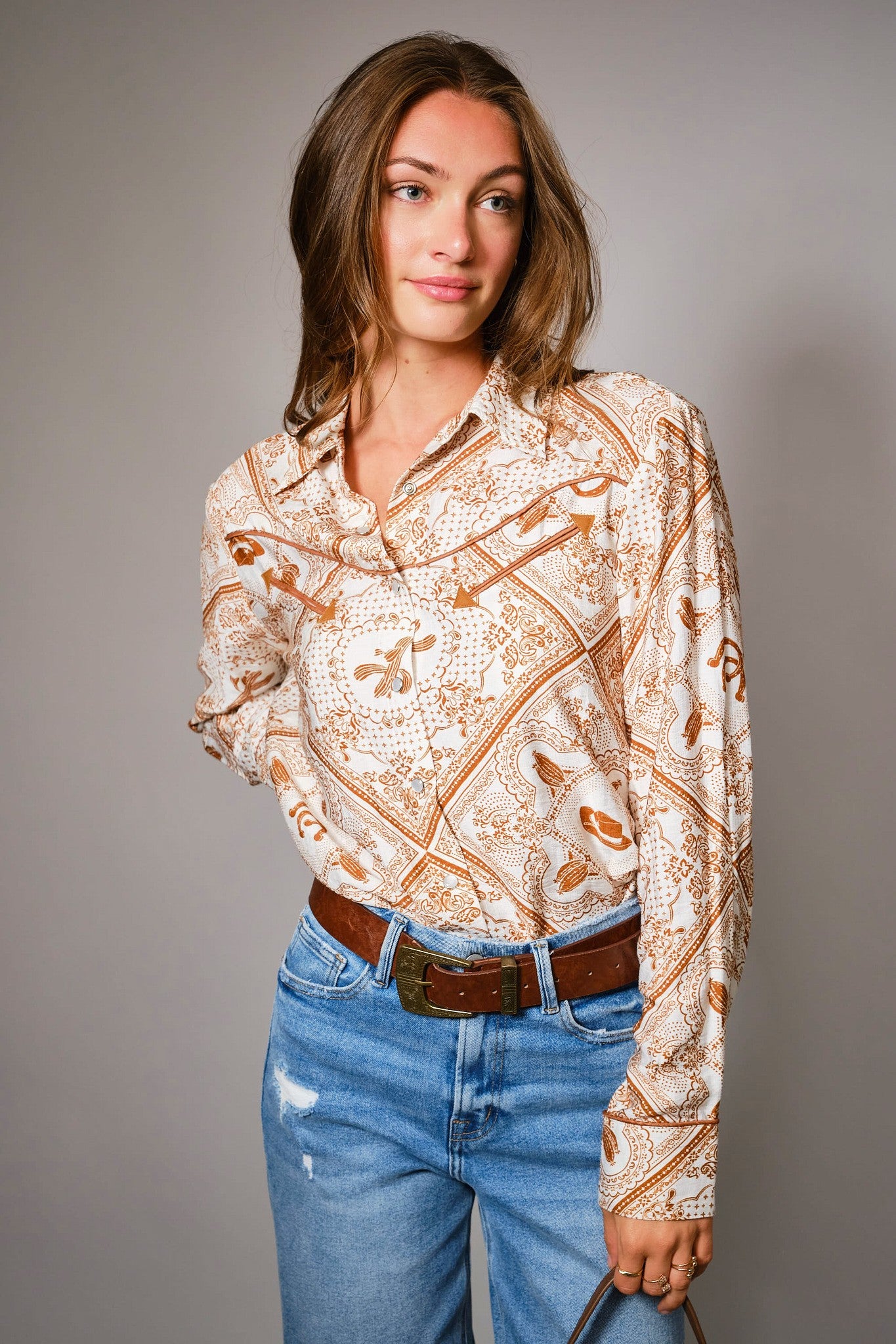 Rust & White Western Design Button Up Top