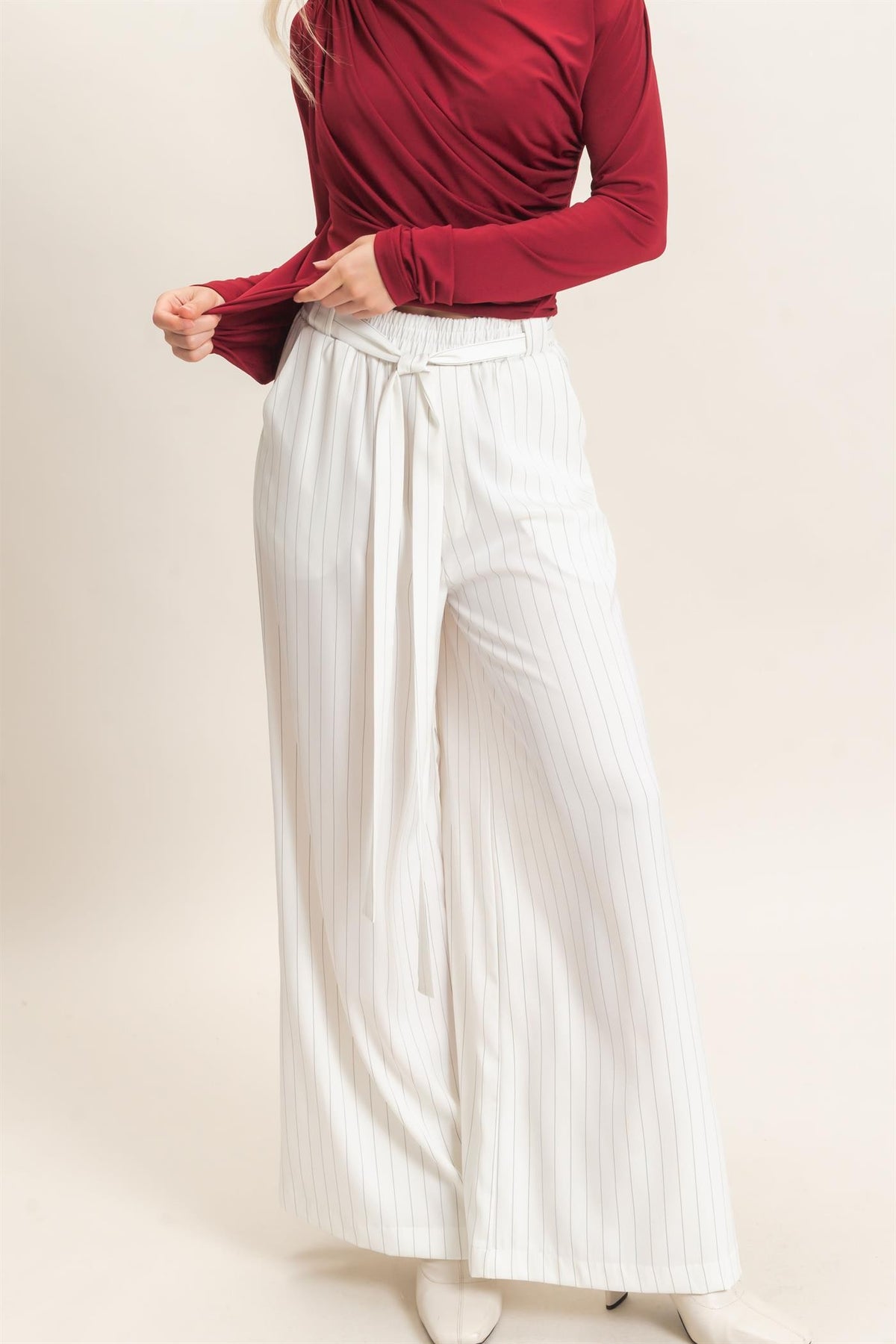 White Pinstripe Wide Leg Pants