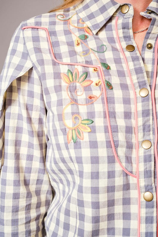 Gingham Floral Embroidered Snap Button Top