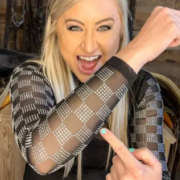 Checkered & Rhinestone Mesh Top