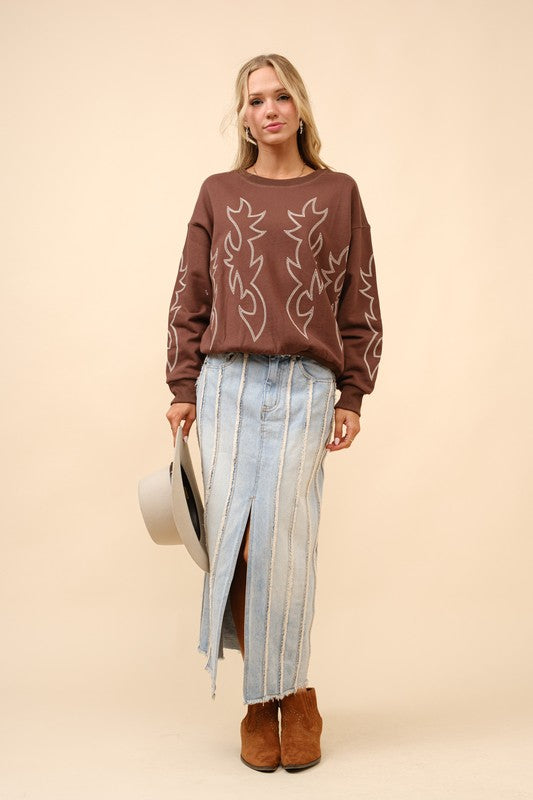 Brown Western Boot Stitch Pullover Sweatshirt