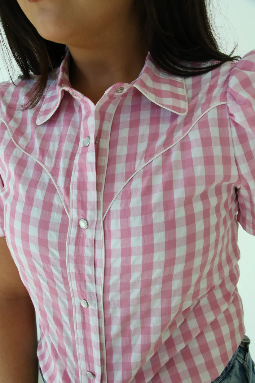 Pink Gingham Pearl Snap Top