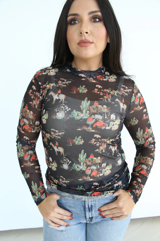 Black Wagon Long Sleeve Mesh Top