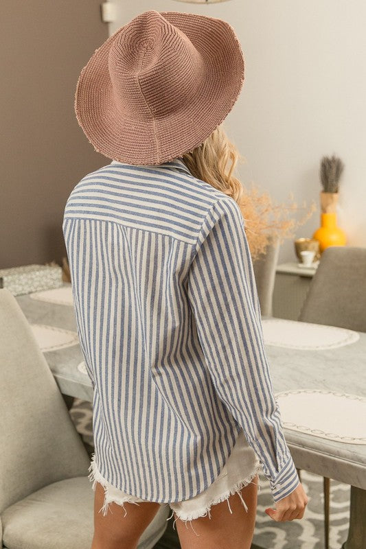 Lurex Linen Blue Stripe Button Down Top
