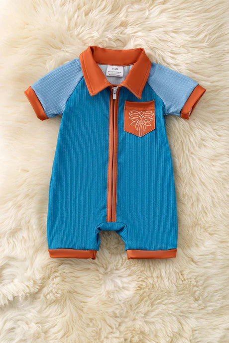 Infant Boys Ribbed Blue Romper with Pockets