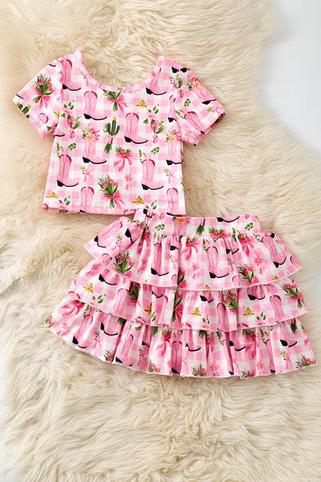 Girls Pink Western Boot Top & Tiered Skirt Set