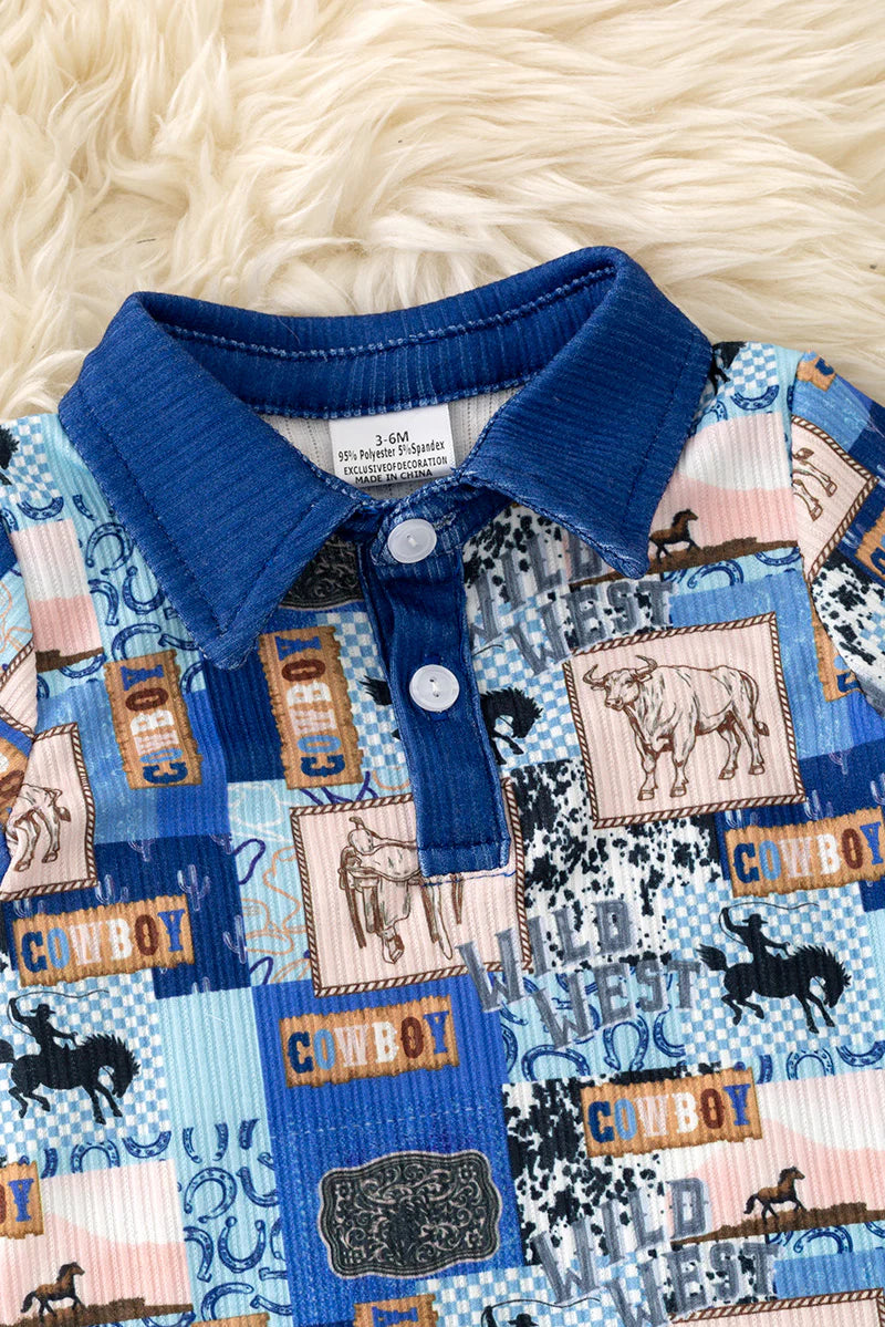 Royal Blue Cowboy Multi Print Jumpsuit with Snaps
