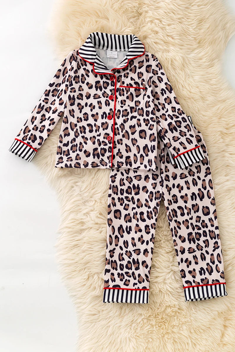 Girls Leopard & Striped Printed Pajamas
