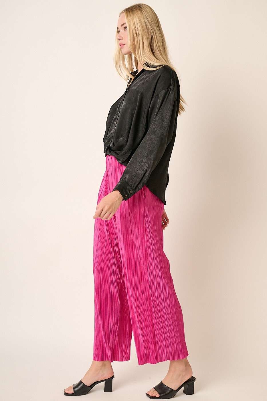 Magenta Pleated Satin Wide Leg Pants