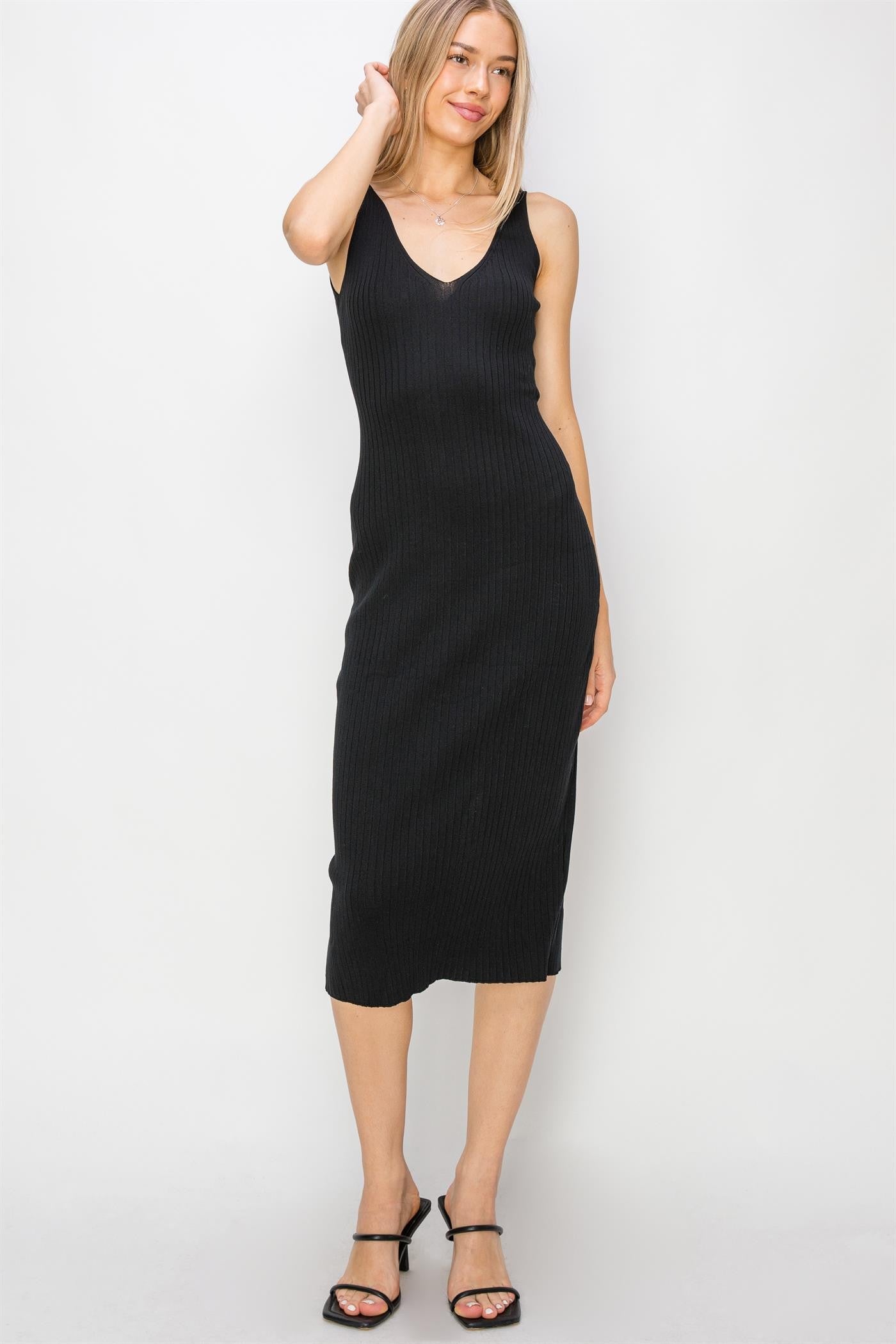 V-Neck Ribbed Knit Midi Dress