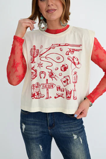 Red Lace Mesh Long Sleeve Top
