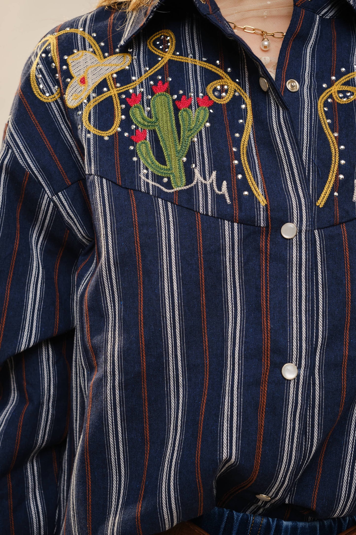 Navy Striped Cactus Embroidered Button Down